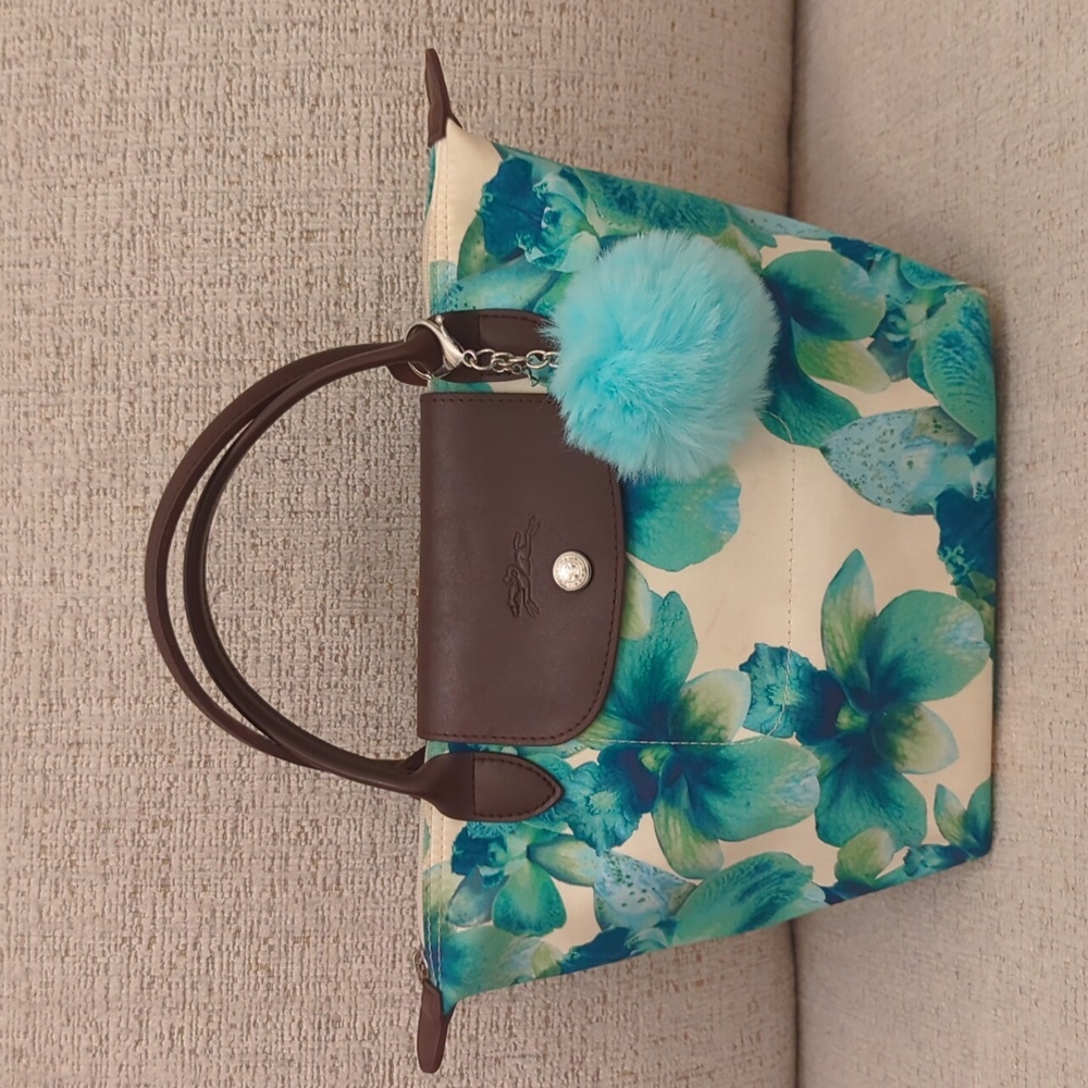 Longchamp Short Handle Green- Blue Orchid Flowers